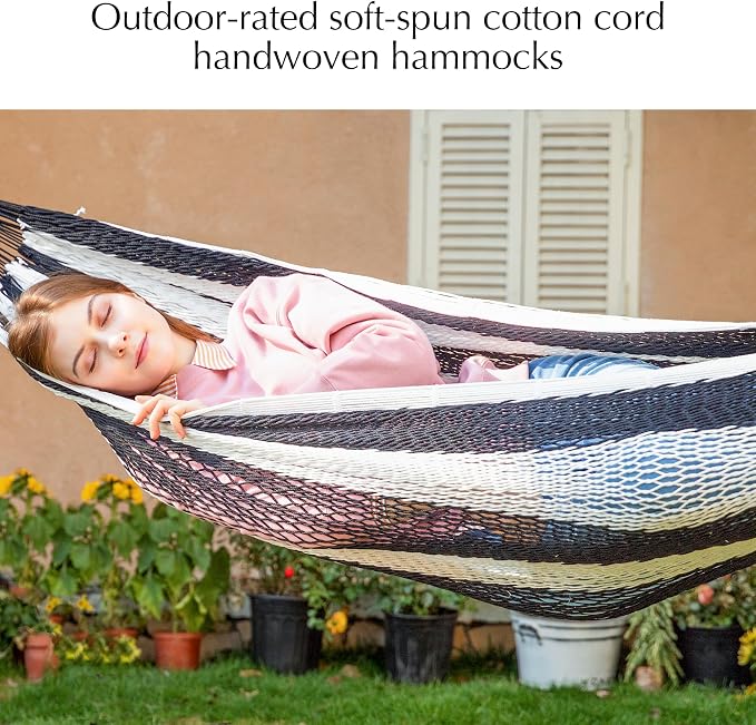 PNAEUT Handwoven Mayan Hammock, Thick Soft Rope Double Hammock for Outdoor Outside & Indoor, 600 lbs Capacity Heavy-Duty, Includes Tree Straps, Carabiners & Carrying Bag (Black and White, X-Large)