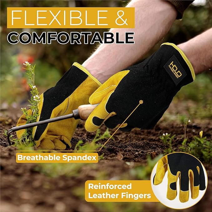 HANDLANDY Leather Gardening Gloves, Leather Work Gloves for Men Women | Durable Utility Men Women Garden Yard Working Glove, for Landscaping, Mechanic, Construction, Driving, Farming, Ranching