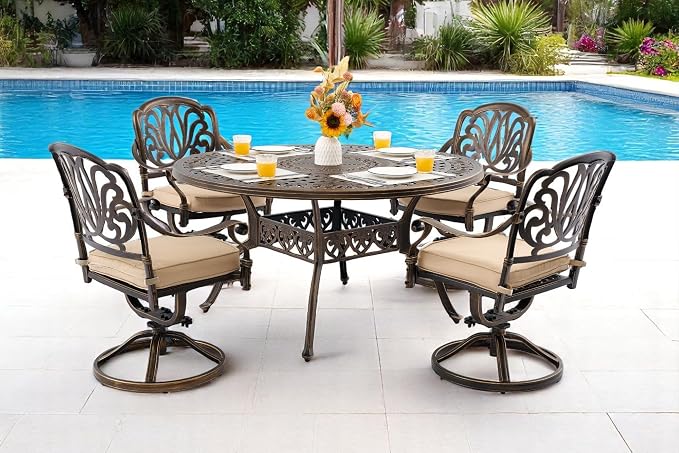 Outdoor Dining Set Cast Aluminum Retro Patio Dining Set with Thicker Cushion and Umbrella Hole for Patio Deck (Bronze Swivel Chair(Elizabeth), 5 Pcs(54" Round Table))