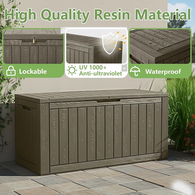KAMABOKO 97 Gallon Waterproof Large Resin Deck Box, Lockable Large Outdoor Storage Box Indoor Outdoor Storage Container for Patio Cushions, Gardening Tools, Pool Supplies, Grey