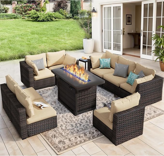Patio Furniture Set 9 Pieces with 44" Fire Pit Table, Rattan Outdoor Sectional Conversation Sets, All Weather Outdoor Furniture Set with Cushions for Garden Lawn Balcony Porch Deck Beige