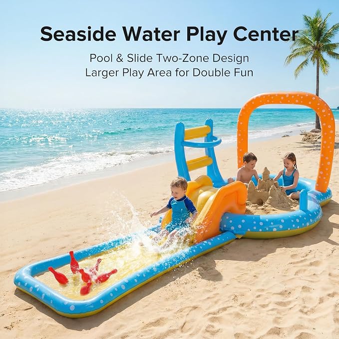 Inflatable Kiddie Pool with Dual Slides, Kids Splash Pool Play Center with Water Slide & Slip Slide, Outdoor Backyard Water Toy for Toddlers