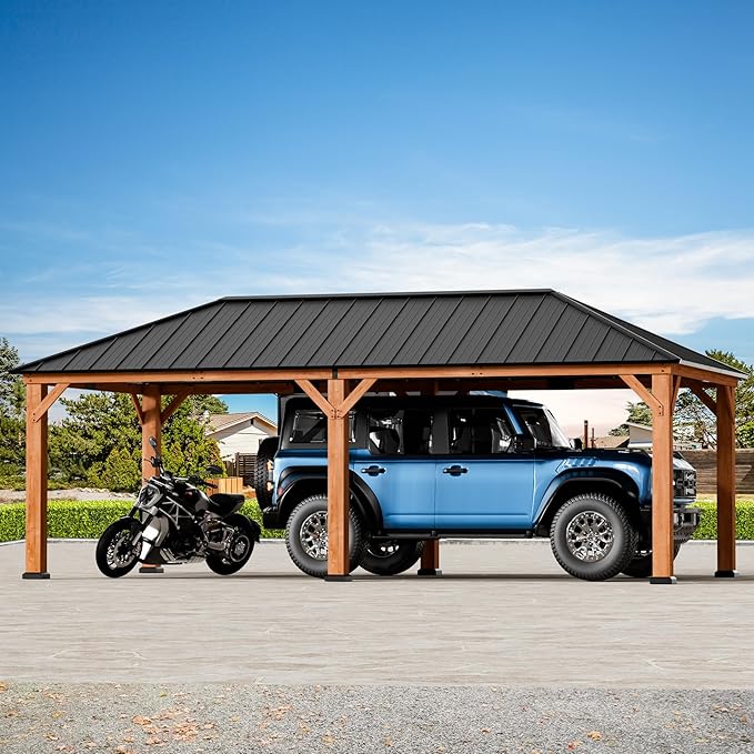 Modern Shade Tranquil Grove Wood Gazebo 12' x 24', Hardtop Gazebo Permanent with Galvanized Steel Roof, Cedar Outdoor Gazebo with Sturdy Hooks for Garden, Backyard, Patio and Deck