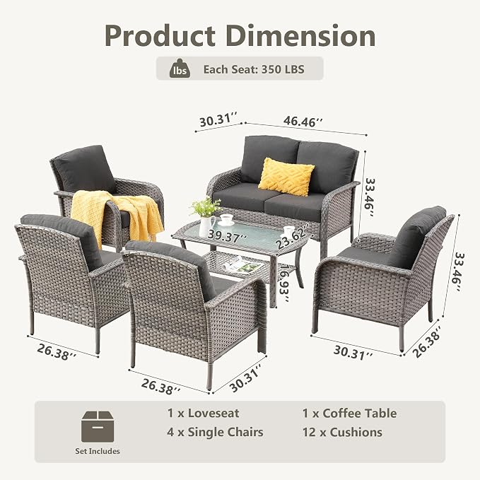 CAODOC 6-Piece Wicker Patio Furniture Set, All-Weather Rattan Conversation Bistro Loveseat Chair and Table Set for Backyard, Balcony and Deck with Soft Cushions and Metal Table(Black)