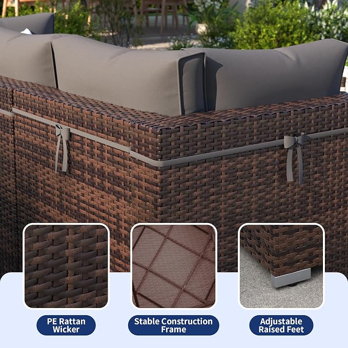 Patio Furniture Set, Modular 10-Piece Patio Conversation Sets with Coffee Table, All-Weather Wicker Outdoor Sectional for Backyard and Balcony, Grey (Waterproof Covers Included)