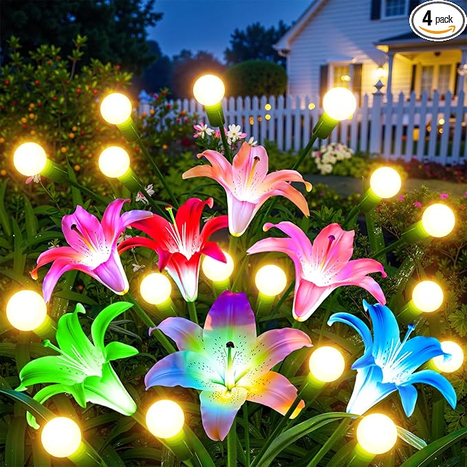 WdtPro Upgraded Solar Lights Outdoor Garden Decor: 4 Pack Solar Firefly Swaying Light with Color Changing LED Lily, Waterproof Decorative Flowers for Yard Patio Pathway Lawn, Gardening Gifts for Women
