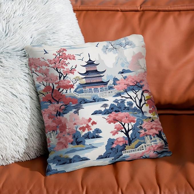 Chinoiserie Pagoda White Coral Blue Pillow Cover Chinoiserie Chic Asian Cushion Cover 16x16 INAbstract Accent Outdoor Garden Decoration for Couch Sofa Patio