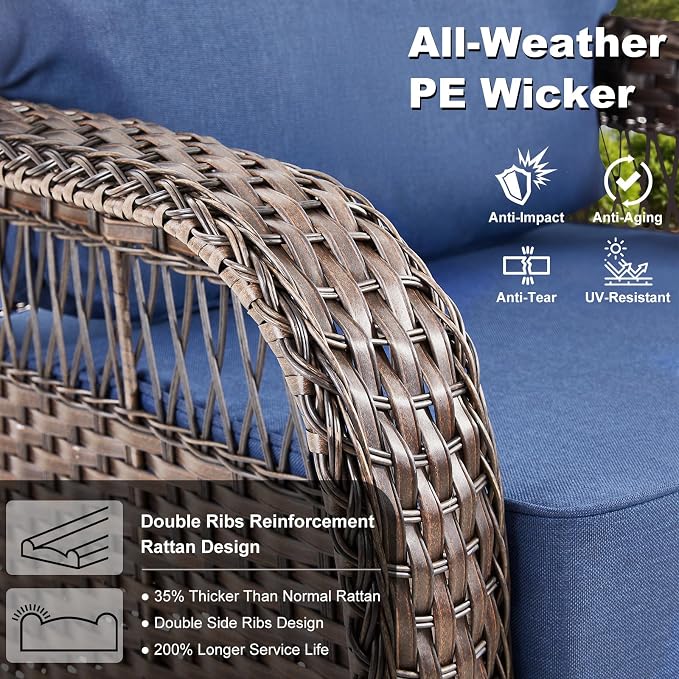 Patio Furniture Sets, 6 PCS Wicker Outdoor Furniture with Patio Sidetables - Patio Swivel Rocking Chairs and Rattan Side Table for Garden, Porch, Backyard, Blue/Brown Wicker