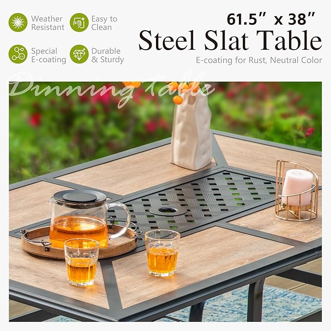 Sophia & William Patio Dining Set Metal Outdoor Table and Chairs Furniture Set 7 Piece, Large 60" Imitation Wood Dining Table with Umbrella Hole and 6 Backyard Garden Chairs Support 300LBS