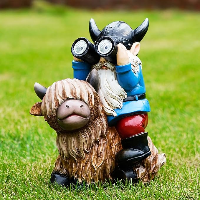 Joint Honglin Solar Garden Statues Resin Gnome Sitting on Highland Cow Outdoor Telescope Gnome Decorations Yard Ornament for Patio Lawn Balcony, Unique Housewarming Birthday Gifts for Mom Dad