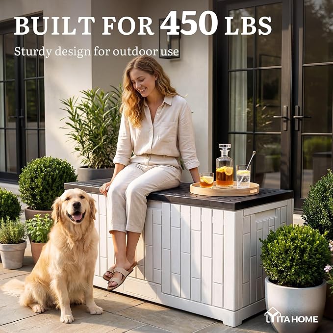 YITAHOME 120 Gallon Outdoor Storage Deck Box, Large Resin Patio Storage with Slide-Locking Black Lid, 2-Person Bench Seat for Outdoor Pillows, Garden Tools & Pool-Supplies, Waterproof, Grayish-White