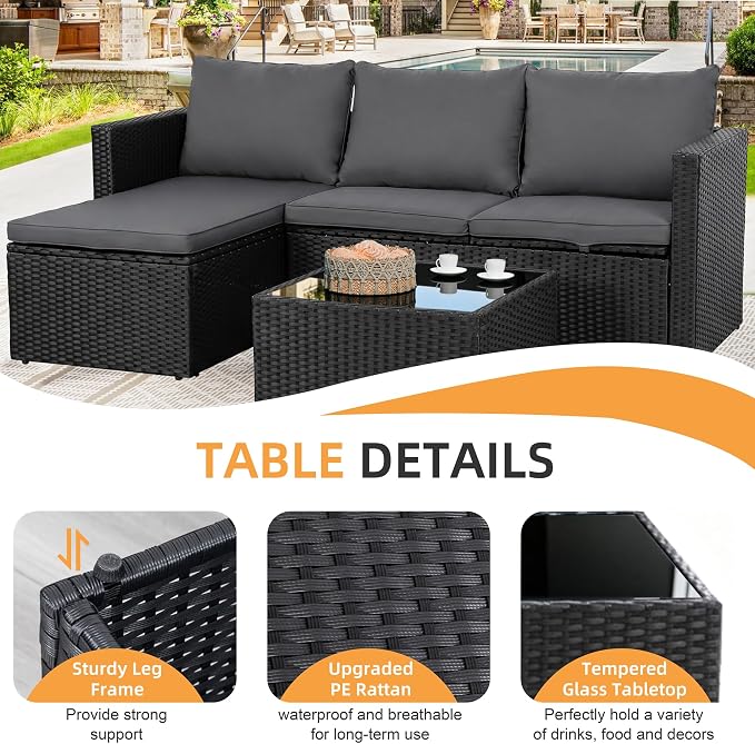 Shintenchi 4 Pieces Patio Furniture Set, 2-in-1 Convertible Sectional Sofa & Chaise Lounge, All-Weather Wicker Rattan Sofa Couch with Cushions & Coffee Table for Yard, Garden, Porch, Poolside (Gray)