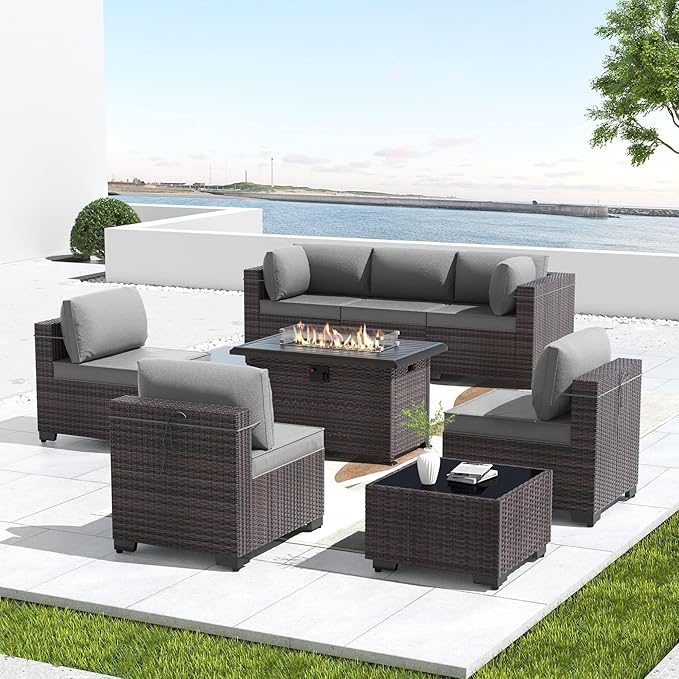 Kullavik 8 Pieces Outdoor Patio Furniture Set with 43" 55000BTU Gas Propane Fire Pit Table PE Wicker Rattan Sectional Sofa Patio Conversation Sets,Grey