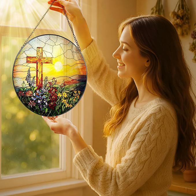 8 Inch Cross Sunset Suncatchers for Windows Hanging, Indoor Decor 8 Inch, Stained Glass Gift, Christian Gifts, Religious Gifts, Christian Cross, Christmas Jesus Gift, Window Decor