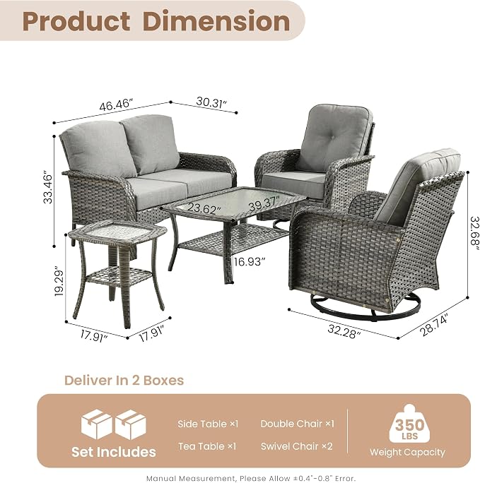 HOOOWOOO Patio Furniture Set,5 Pieces Outdoor Conversation Set,All Weather Wicker Loveseat Sofa Set with High Back Swivel Rocking Chairs Tables,Dark Gray