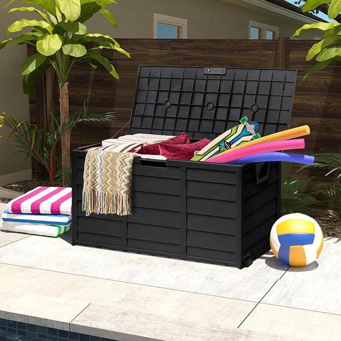 Crownland 75 Gallon Outdoor Storage Deck Box Patio Sun-proof Woodgrain Patio Storage Box for Patio, Garden, Balcony,Black