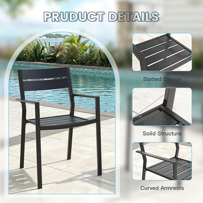 VICLLAX Patio 7 Pieces Outdoor Dining Set, Wrought Iron Metal Outdoor Table and Chairs Set, 47" Round Table with Umbrella Hole and 6 Stackable Chairs for Lawn, Garden, Porch, Walnut/Black