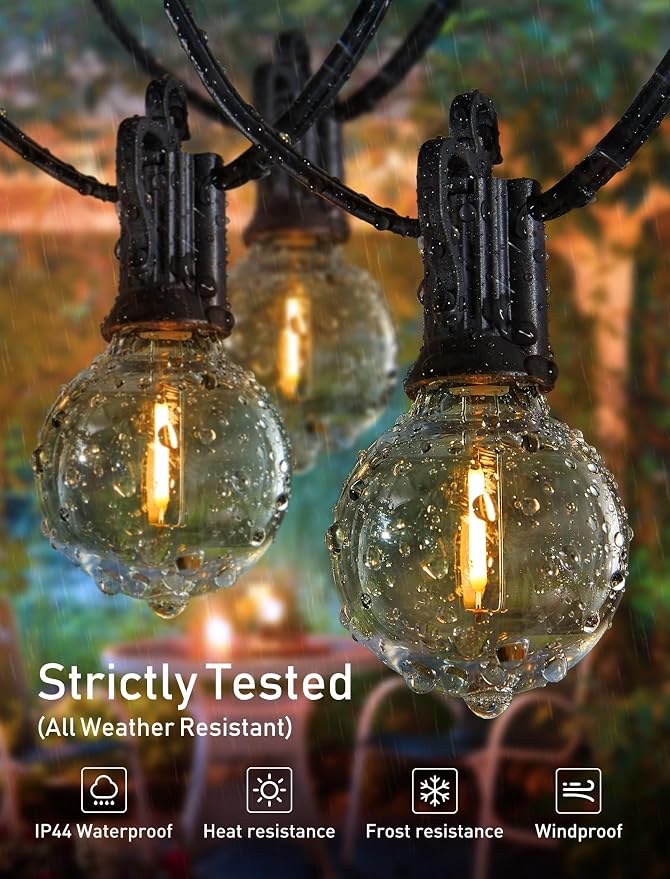Brightown LED Outdoor String Lights Patio Lights 100FT with 104 LED Bulbs, Shatterproof Weatherproof Commercial Hanging Light for Backyard Bistro Pergola Party Decor, E12 Socket Base, 2200K, Black