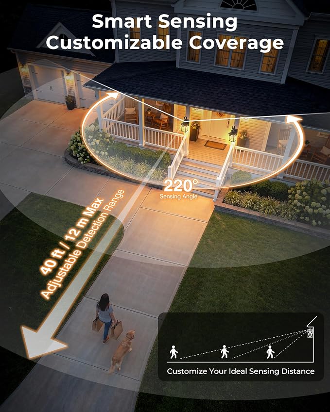 Gleamz Adjustable Time & Distance Motion Sensor Porch Light with GFCI Outlet, Modern Exterior Lighting Fixtures, Black Outdoor Lanterns for Porch, House, Patio, Garage, Waterproof, Aluminum, 1 Pack