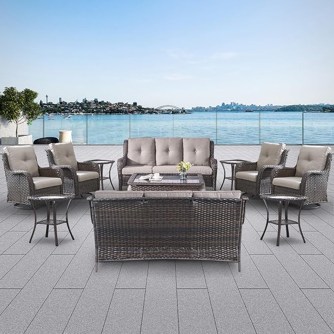 Belord 13 Piece Wicker Patio Furniture Set, Outdoor Swivel Rocker Chairs Set of 4 with Ottomans and Rattan Couch, All Weather Patio Conversation Furniture Set, for Pool,Yard Brown Wicker/Gray