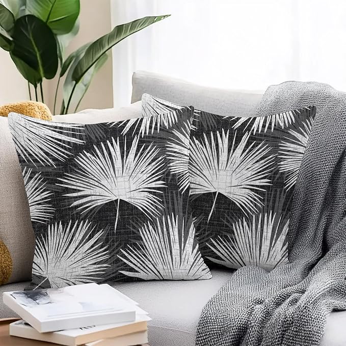 Throw Pillow Covers 24x24 Inch Set of 2, Black Palm Leaves Coastal Waterproof Outdoor Pillow Covers, Summer Tropical Botanical Boho Decorative Cushion Pillowcases for Couch, Sofa, Bed, Garden, Patio
