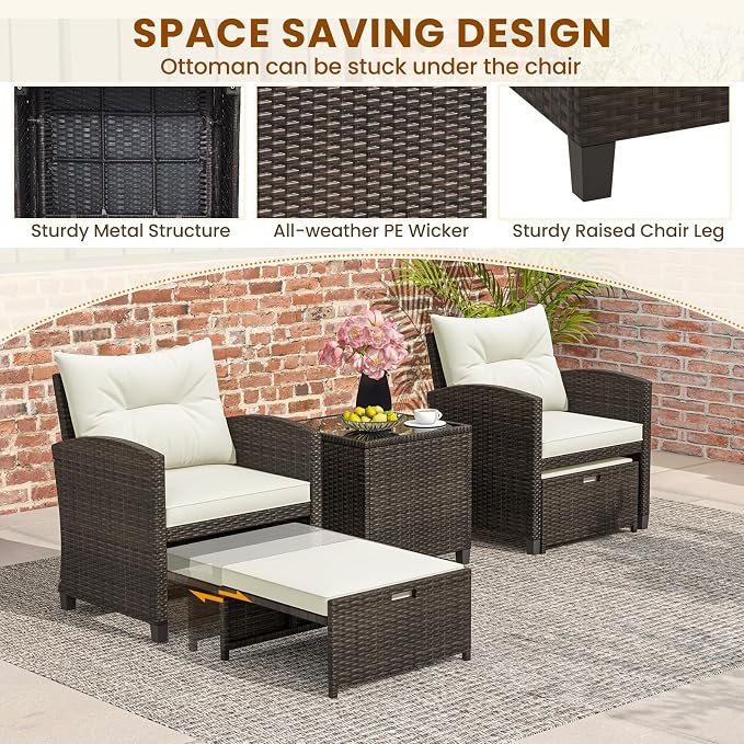 ORALNER 5 Pieces Patio Furniture Set with Ottoman, Wicker Conversation Set w/Cushions, Glass Coffee Table, Outdoor Rattan Lounger Chairs Bistro Set for Porch Balcony Garden Deck Poolside (Cream White)