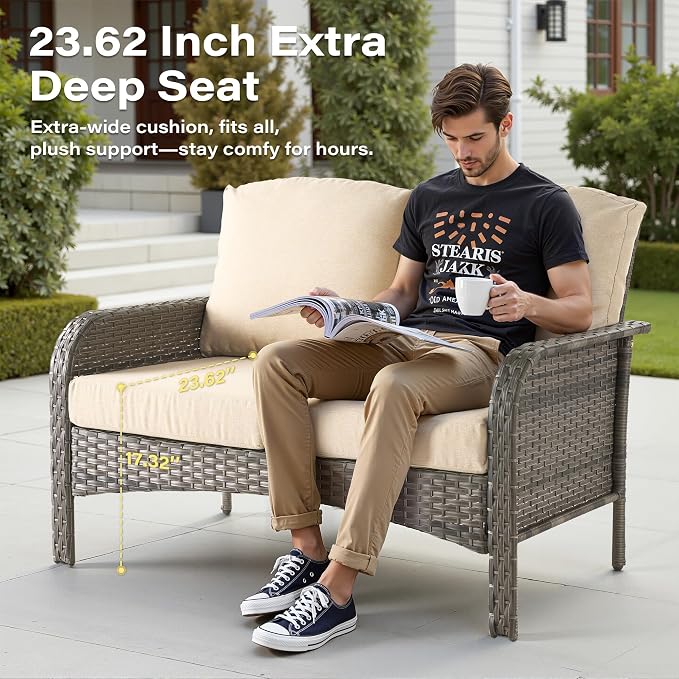 5 Pieces Patio Furniture Set, All Weather Rattan Patio Conversation Sets with Swivel Rocking Chairs, Coffee Table, High Back Outdoor Furniture Loveseat for Porch, Backyard,Beige