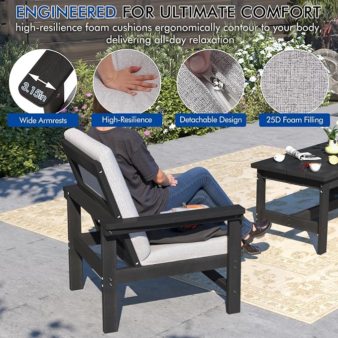 4-Piece HDPE Patio Furniture Set, All-Weather Outdoor Sectional Sofa Set with Coffee Table & Cushions - Wood-Like Composite Conversation Couch for Deck, Lawn, Balcony - Black Frame