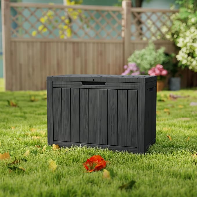 LAUSAINT HOME 45 Gallon Resin Deck Box, Package Delivery Box with Lockable Lid, Waterproof Outdoor Storage Box For Garden Tools, Patio Cushions(45 Gallon,Black)