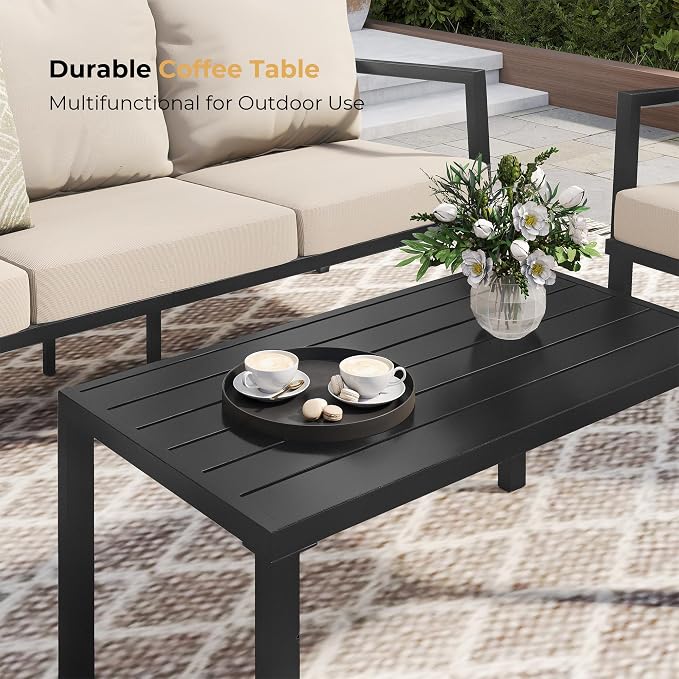 HAPPATIO Aluminum Patio Furniture Set, 4 Pieces Conversation Set with Thick Cushions and Coffee Table, All Weather 3-Seat Sofa Waterproof and Rustproof for Garden, Backyard, Porch, Black