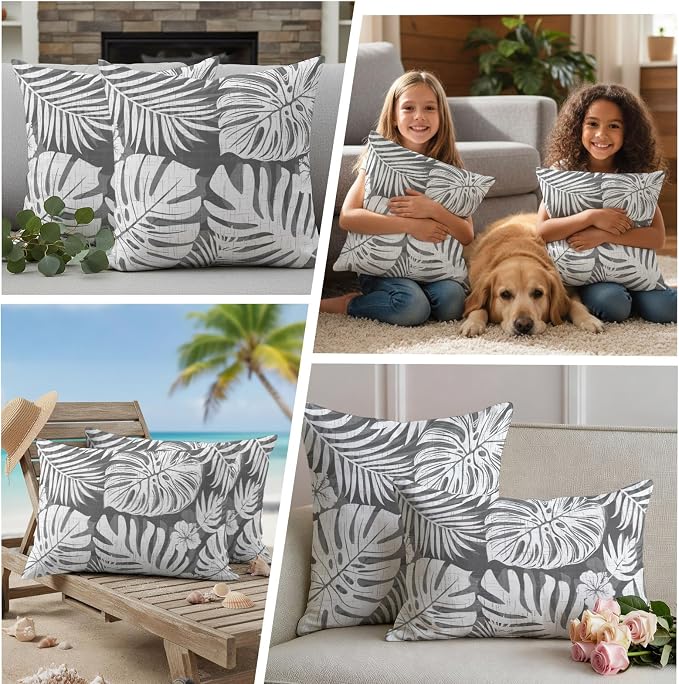Grey Palm Leaves Outdoor Pillow Covers 26"x26" Set of 2, Tropical Botanical Modern Minimalist Waterproof Throw Pillow Covers for Patio Furniture, Decorative Cushion Covers for Porch