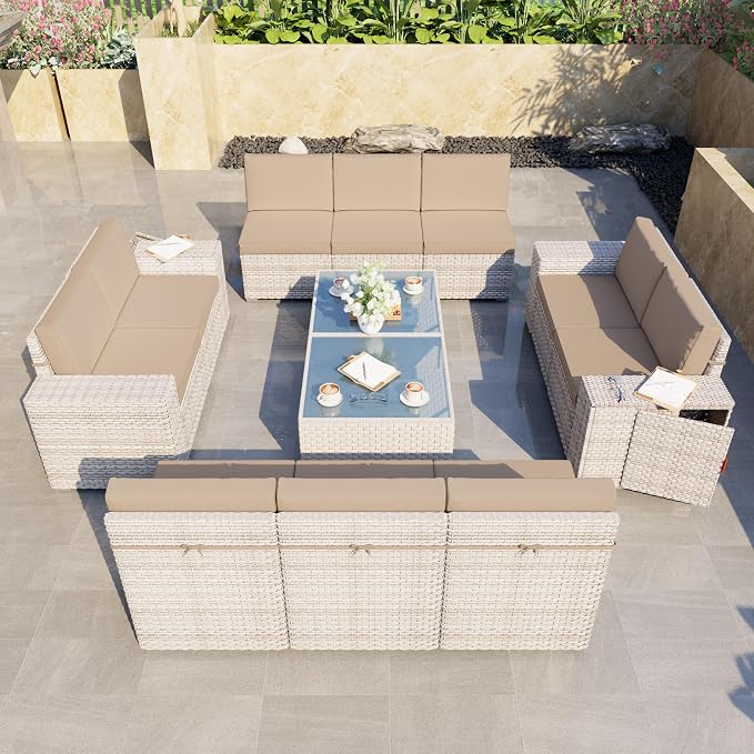 12-Piece Patio Furniture Set, Outdoor Extra Wide Armrest Modular Patio Sofa, Dual-Strand Rattan Wicker, Rust-Resistant Frame, Backyard High Back, Large Seat Furniture for Porch Garden Balcony, Khaki