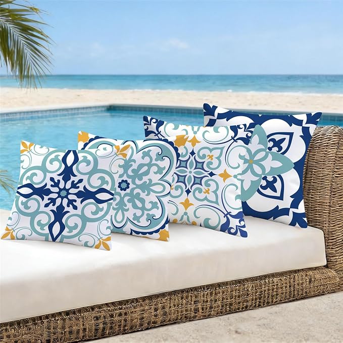 NIGHTWISH Outdoor Waterproof Pillow Covers 20x20 Set of 4 Teal Boho Decorative Outdoor Throw Pillows Floral Cushion Cases for Patio Furniture Bench Couch Sunbrella