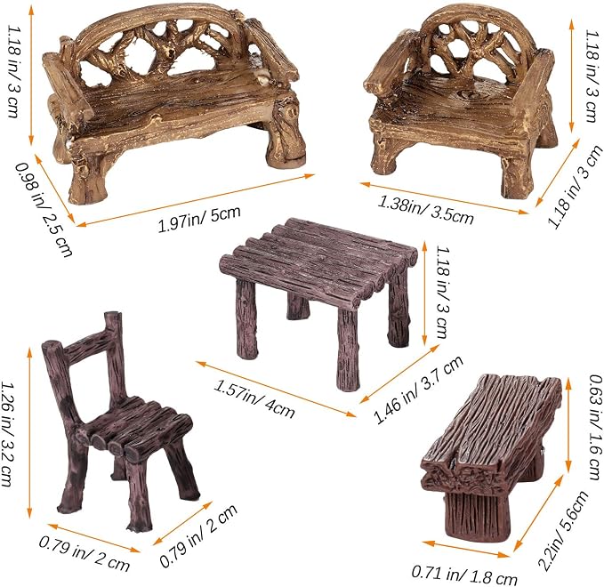 Skylety 12 Pieces Garden Furniture Ornaments Miniature Table and Chairs Set Village Micro Resin Bench Chair for Fairy Garden Accessories Home Micro Landscape Decor(Vintage Style)
