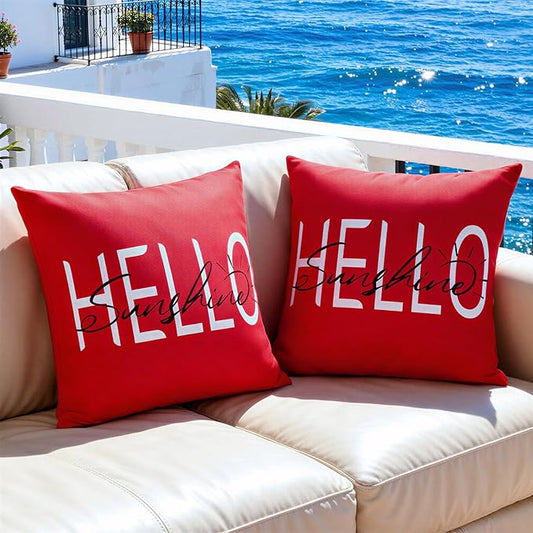 Lewondr Waterproof Outdoor Throw Pillow Cover, 18×18", Red | 2 Pack, Hello Sunshine Printing, Summer Garden Decor, For Patio Sofa, Balcony Couch, Bench Porch