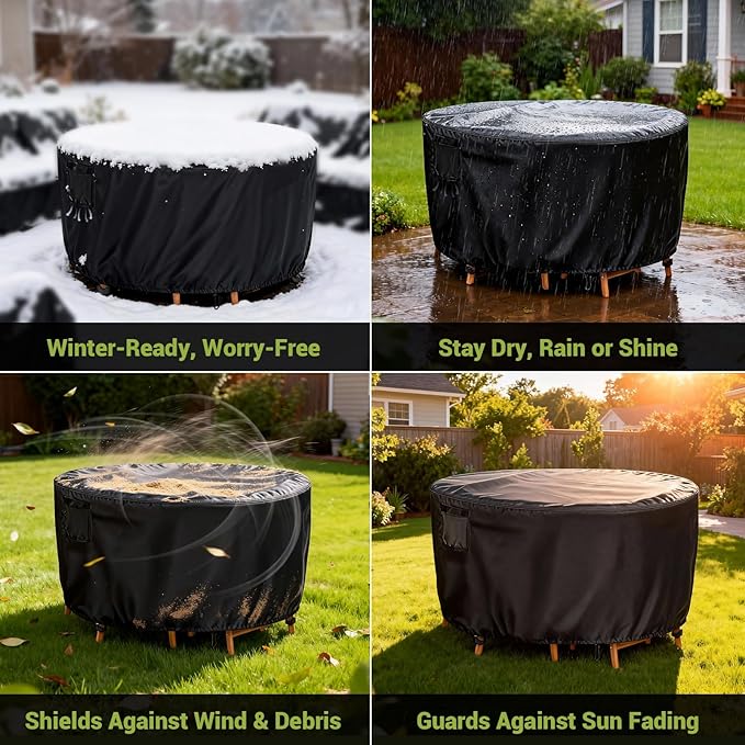 Heavy Duty Round Patio Dining Table Cover, 60 Inch Waterproof Outdoor Furniture Cover for Large Round Table and Chair Sets (Black, 60"DIAx36"H)