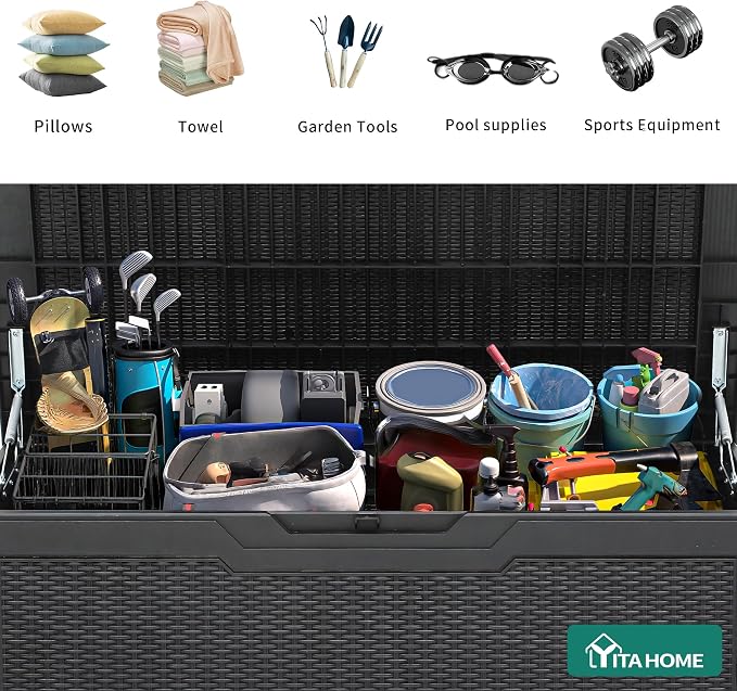 YITAHOME 100 Gallon Large Resin Deck Box Outdoor Storage Boxes for Patio Furniture, Outdoor Cushions, Garden Tools and Pool Supplies-Waterproof,Lockable (Black)