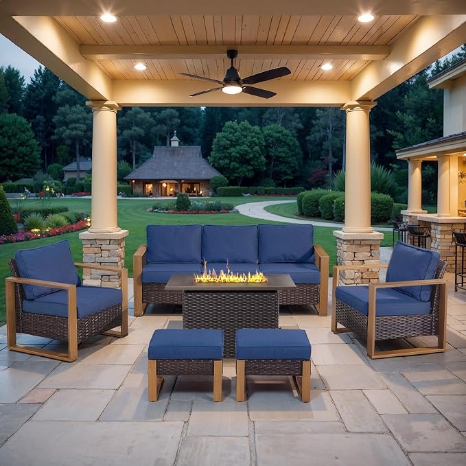 Belord 6 Piece Outdoor Patio Furniture Set with Propane Fire Pit Table, Wicker Patio Conversation Set with2 Patio Wicker Chairs Rattan Sofa and Removable 4" Thick Cushions for Deck Backyard