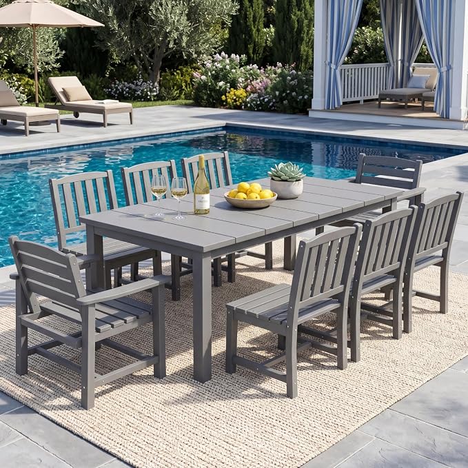 9-Piece HDPE Patio Dining Set for 8, 75.2" Table,Gray | HDPE material, umbrella hole design, weather-resistant patio furniture, perfect for yard, lawn, garden, balcony, deck