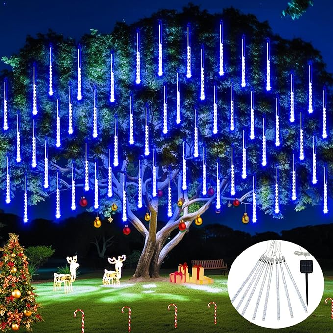 JMEXSUSS Solar Lights for Outdoor Decor, Solar Meteor Shower Lights Outdoor | 8 Tube 144 LEDs , Hanging Blue Christmas Lights for Tree Yard Icicle Garden Patio Gazebo Eaves Front Porch Decor
