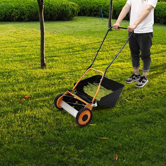 16 inch Push Reel Lawn Mower with Grass Catcher Orange Black Lawn Sweeper with Collection Box Adjustable Height Manual Push Lawn Mower 5-Blade Lawnmower for Gardens Lawns (16" Orange Black)