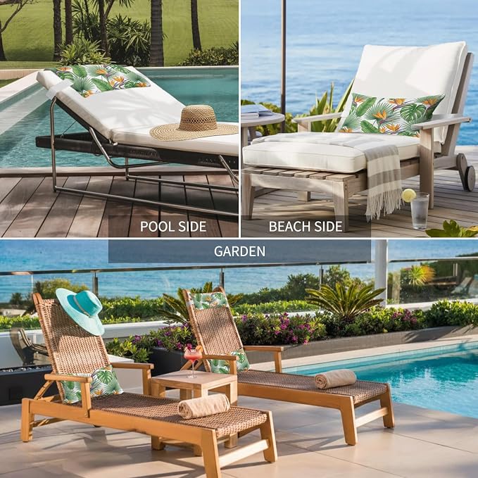 Outdoor Chair Pillow Headrest for Patio Pool Chaise Lounge, Summer Tropical Plants Recliner Head Pillow, Watercolor Palm Leaves Green Waterproof Pillowcases Neck Lumbar Pillows & Insert 11x16x1