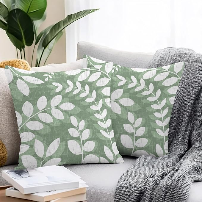 Green Leaves Outdoor Waterproof Throw Pillow Covers 16x16 Set of 2, Farmhouse Botanical Branch Vintage Boho Leaf Decorative Pillowcases Cushion Pillowcase for Couch Sofa Patio Outside Pillow Protector