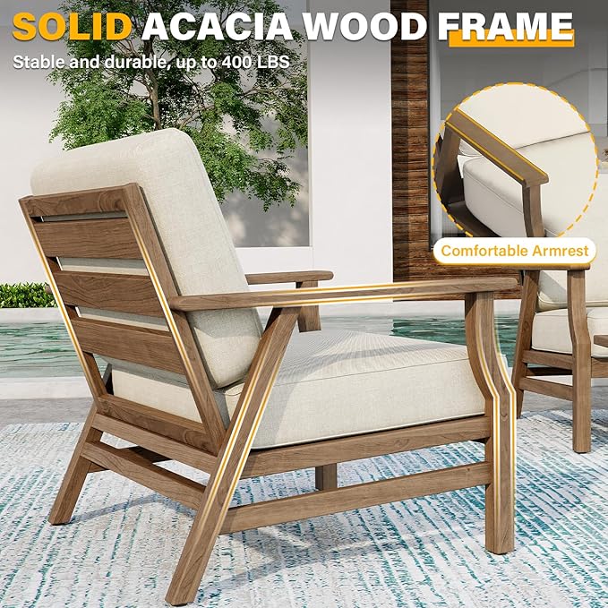 2 Piece Wood Patio Chair Outdoor Bistro Set, Outdoor Armrest Chair All Weather Patio Sofa Furniture Backyard Conversation Sets with Cushions, Light Camel