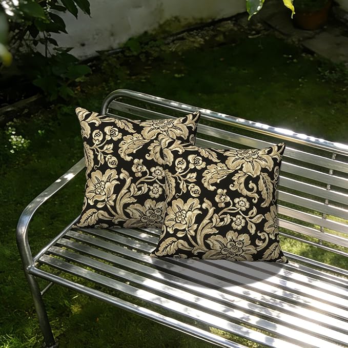Outdoor Pillows with Insert 18x18 Inch, Waterproof Throw Pillow for Patio Furniture, Decorative Back Cushion for Garden Home Sofa Office Chair, Set of 2, Jacobean Black