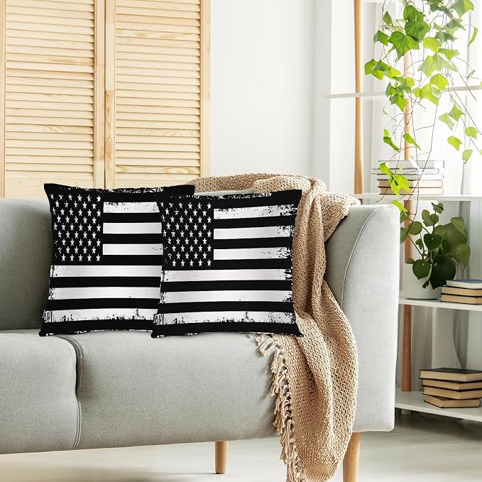 Swono Retro American Flag Decorative Throw Pillows Covers, Grunge USA Flag Square Pillow Cushion Covers for Man Woman, Pillowcases Decor for Home Sofa Bed Garden 2 Packs 18x18 Inch, Black White
