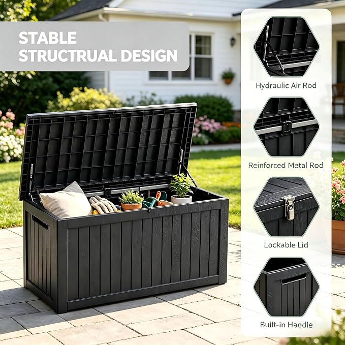 182 Gallon Outdoor Deck Storage Box, Large Waterproof Resin Patio Storage Box, Lockable Bench Seat Holds 2 Adults, for Garden Tools, Cushions & Pool Floats, UV & Rust Resistant, Black