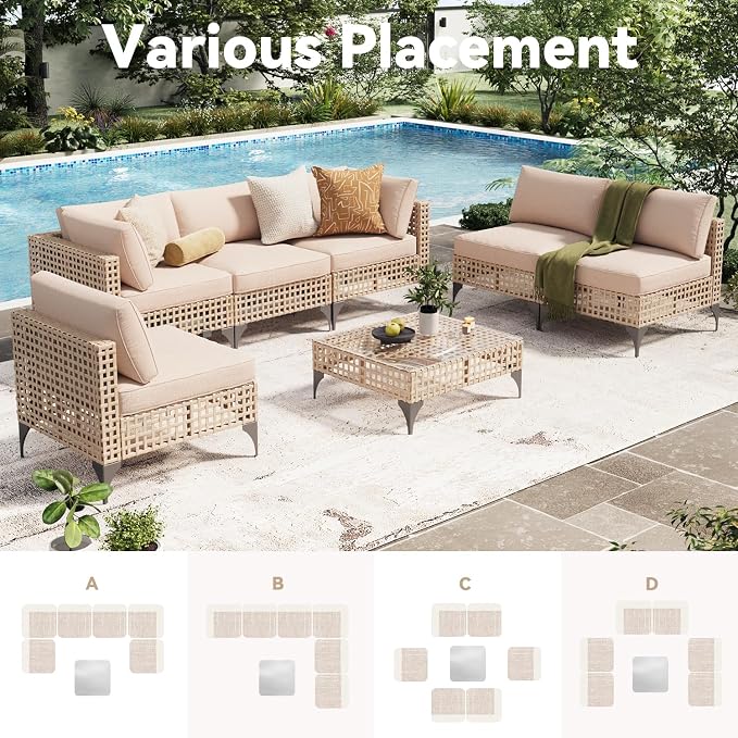 AECOJOY 7-Piece Patio Outdoor Furniture Set with Tea Table, Boho Outdoor Sectional Furniture Sofa PE Rattan Wicker Conversation Set, Light Brown Rattan&Beige Cushions