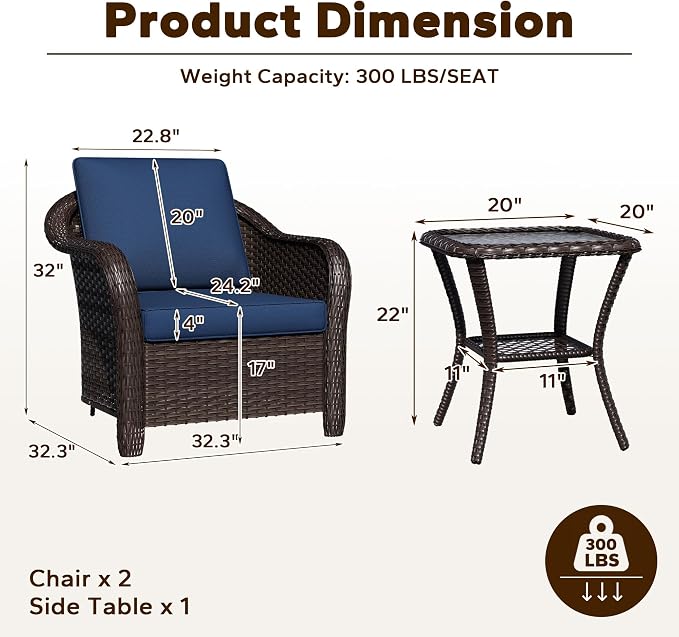 3 Piece Patio Wicker Bistro Set, 2 All-Weather Use Outdoor Wicker Chairs with PE Rattan Side Table,Ideal for Porch, Backyard, Balcony, Poolside, Blue
