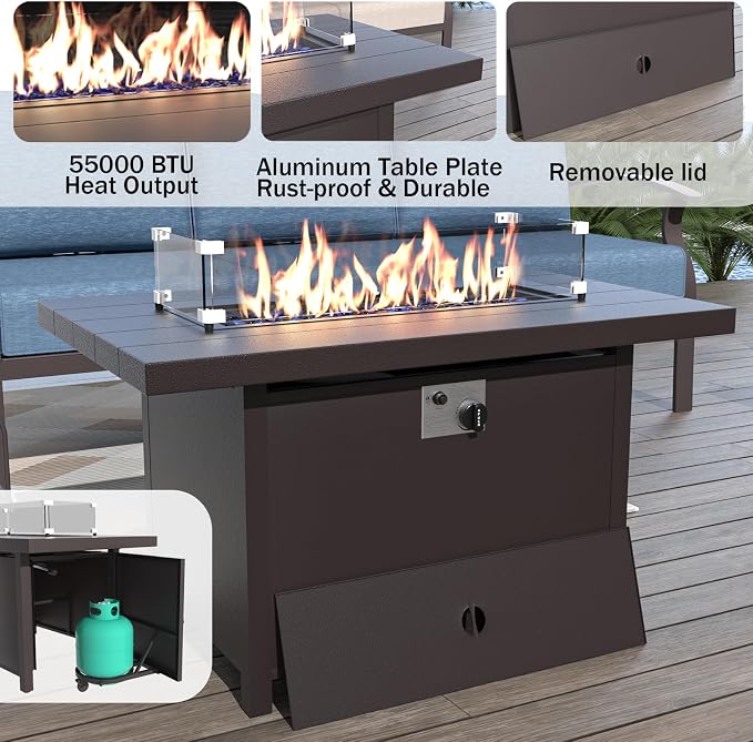 ALAULM Aluminum Patio Furniture Set with Propane Fire Pit Table 7-seat Metal Outdoor Furniture w/Swivel Chairs Patio Sectional Sofas w/2 Ottomans for Porch, Backyard, Poolside-Dark Blue